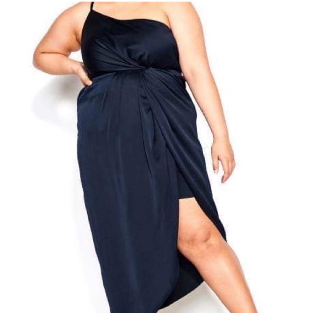 One Shoulder Navy Women's Dress with Slit